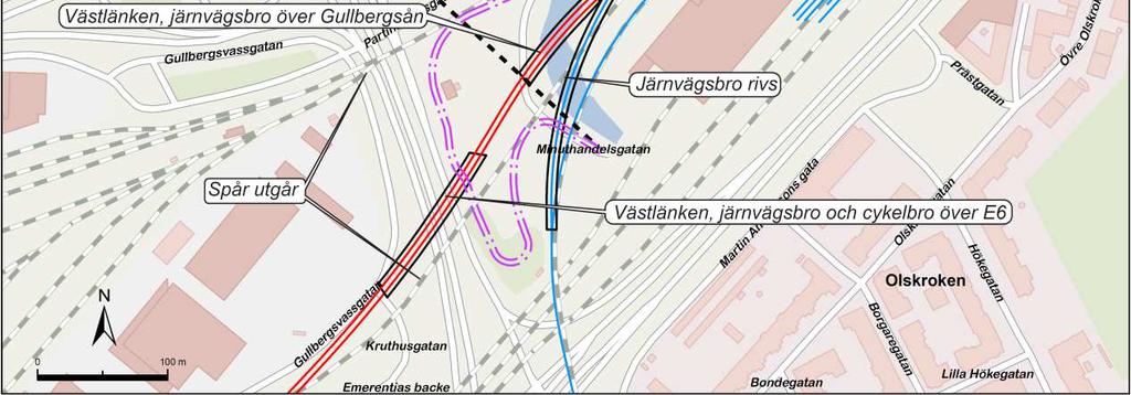 Godstågsspåret anläggs för att möjliggöra en planskild koppling för godstågstrafik mellan Västkustbanan och Hamnbanan. De två spåren byggs på en gemensam bro utmed Partihallsområdet.