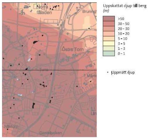 Figur 17. Utdrag från SGU:s jordartskartblad. Enligt de utförda geotekniska undersökningarna utgörs de dominerande jordarterna längs sträckan under asfalt/fyllning/mulljord av lermorän.