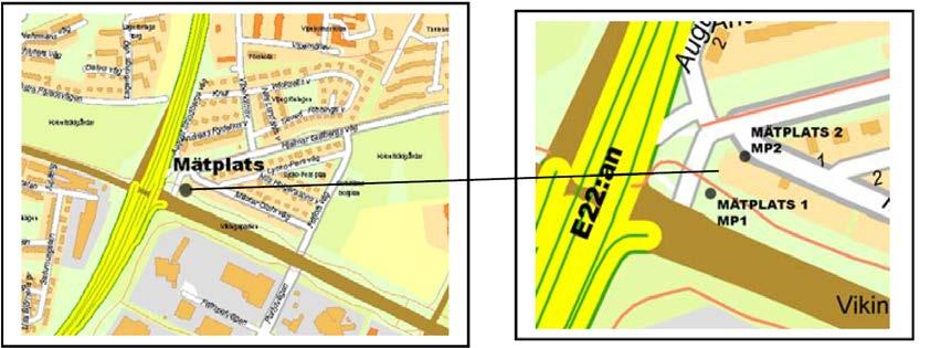 Figur 19. Mätpunkten för luftkvalitet vid E22 där mätning med mobil mät vagn utfördes av Lunds kommun mellan den 26 april och den 11 juni 2008.