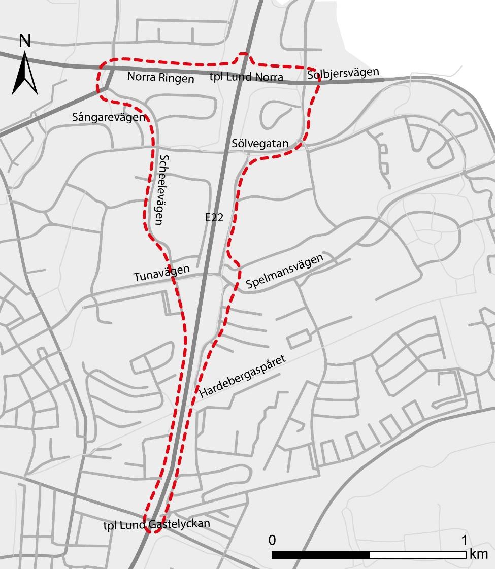 De åtgärder som avses genomföras kommer att arbetas in i vägplanen. Figur 2. Utredningsområdets avgränsning markerat med röd streckad linje. 1.
