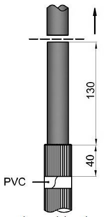 På varje fas 5) 6) Vik tillbaka skärmtrådarna och fäst dom på krympslangen med PVC-tejp. Kapa kabeln vid 130 mm Preparera kabeländen enligt bild nedan. Kontrollmät alla mått.