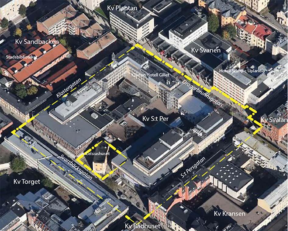Ortofoto med planavgränsning Stadsbild och bebyggelse Förutsättningar stadsbild och byggnader Planområdet ligger inom Uppsalas stadskärna och gränsar till Dragarbrunnsgatan och Svartbäcksgatan.