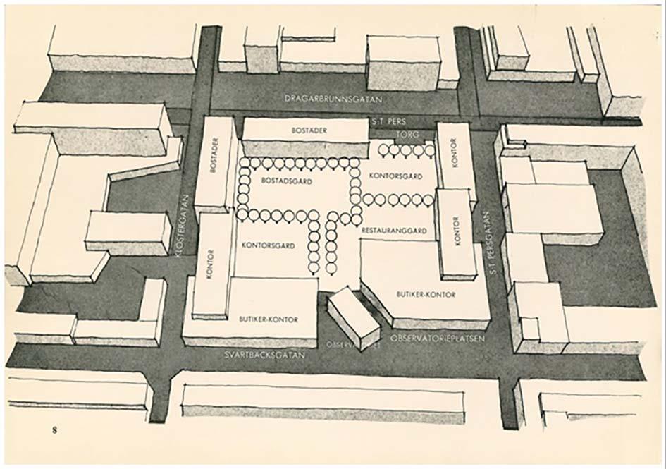 Ur presentationsfolder för kvarteret S:t Per, Svenska Vägförbättringar 1965 Längs Dragarbrunnsgatan ligger Clarion hotell (1967) i sex våningar med en fasad i ljusare tegel och horisontella