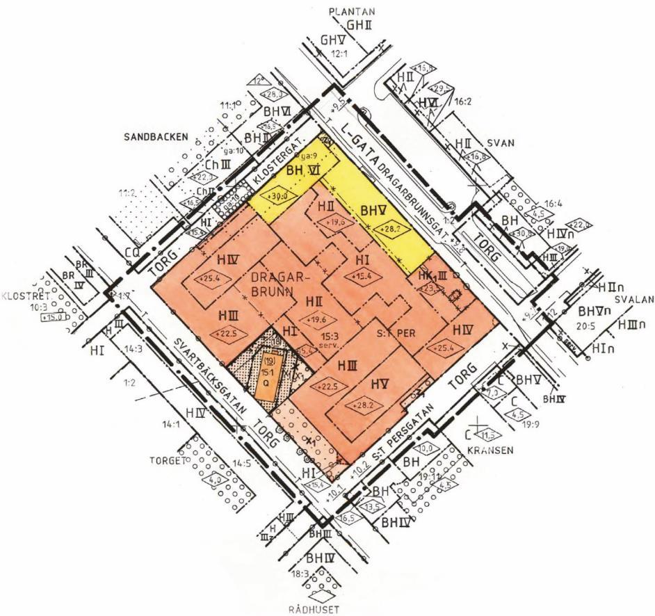 Detaljplaner Utsnitt ur gällande detaljplaner H: Handel I, II, III, V, VI: Antal våningar BH: Bostäder, handel Prickad mark: Mark får ej bebyggas HK 1 : Hotell med handel i bottenvån.