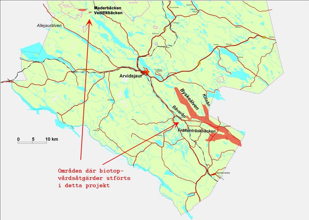 1.3 ORIENTERING Kartorna nedan visar var i Byskeälvens avrinningsområde som biotopvårdsåtgärder, d.v.s. flottledsåterställning eller lekbottenanläggande, under 2009.