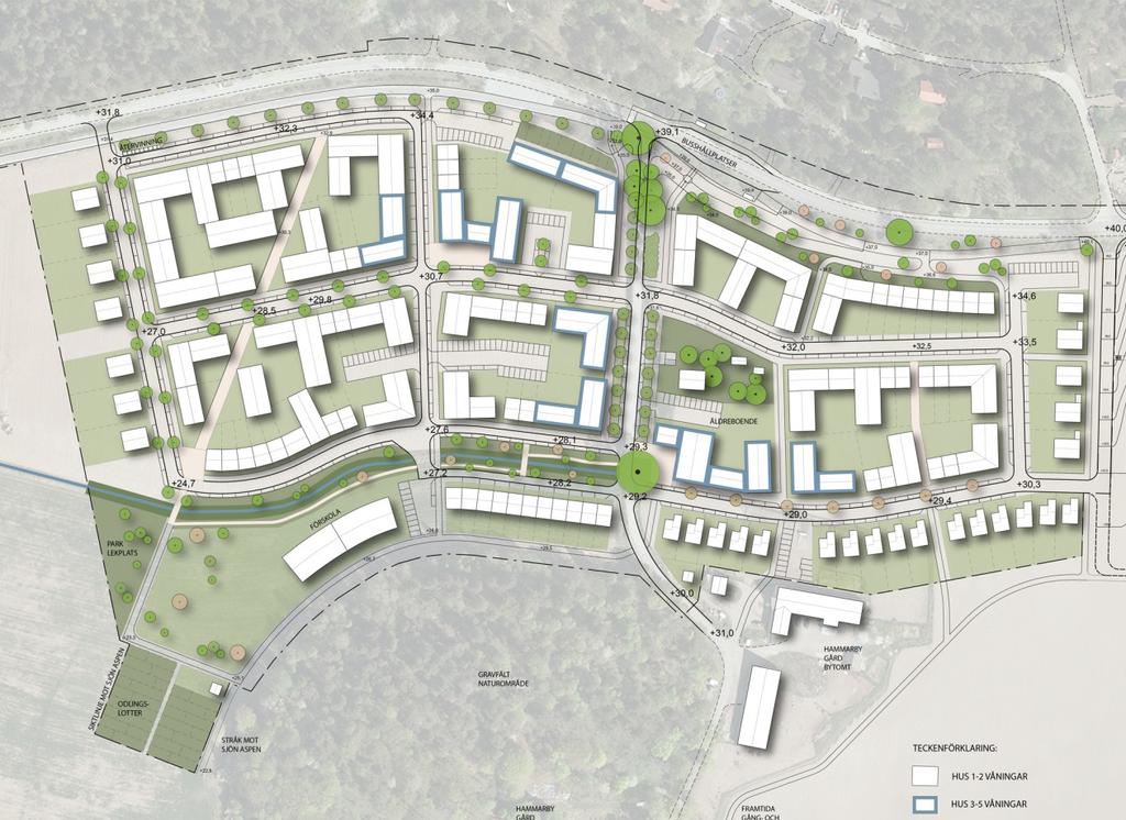 1 Föreslagen områdesutformning I figur 1 nedan visas aktuell illustrationsplan för området. I planen redovisas det antal våningar som beräkningarna baseras på.