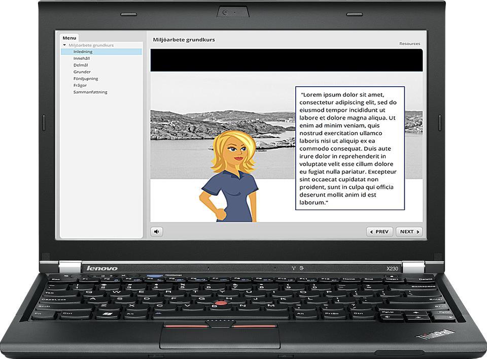 Exempel Exempel på e-kurser på desktop/laptop datorer. Här finns gott om utrymme för innehåll av olika slag.
