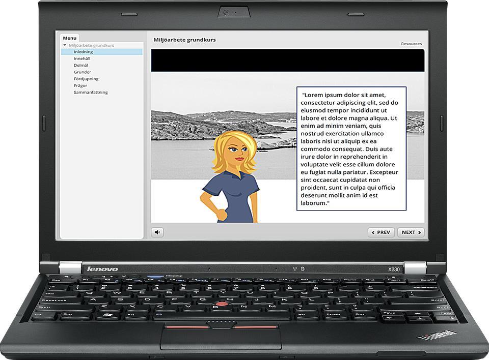 Exempel Exempel på e-kurser på desktop/laptop datorer. Här finns gott om utrymme för innehåll av olika slag.