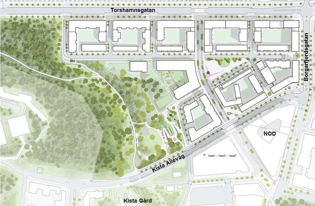 Gatustrukturen inne i området bygger på tre olika