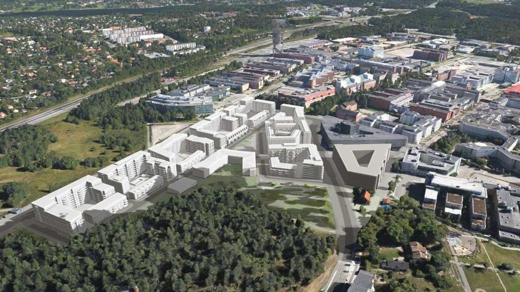 Sida 6 (15) Flygbild. Vy från väst Ny bebyggelse Bostadskvarter Området föreslås inrymma ca 1550 bostäder, varav ca 250 lägenheter för ca 350 studenter (s.k. kompisboende), ca 400 hyresrätter och ca 900 bostadsrätter.