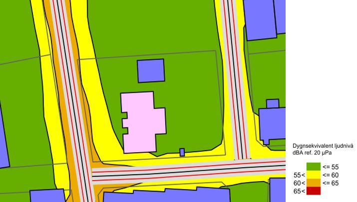 5 RESULTAT Beräkningarna av de ekvivalenta ljudnivåerna 1,5 m över markplan visar att det finns tillgång till stora ytor inom planområdet där 55