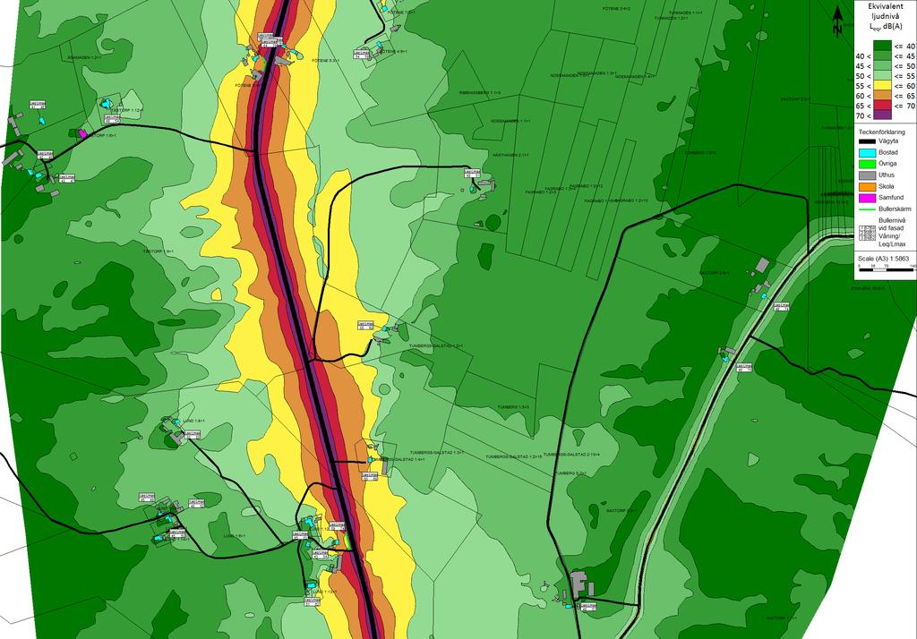 Trafikbullerberäkning, ÅDT 2014 Befintlig vägsträckning, Nuläge: karta 2:6 Ekvivalent ljudnivå: Leq,24h dba, (ej frifältsvärde)