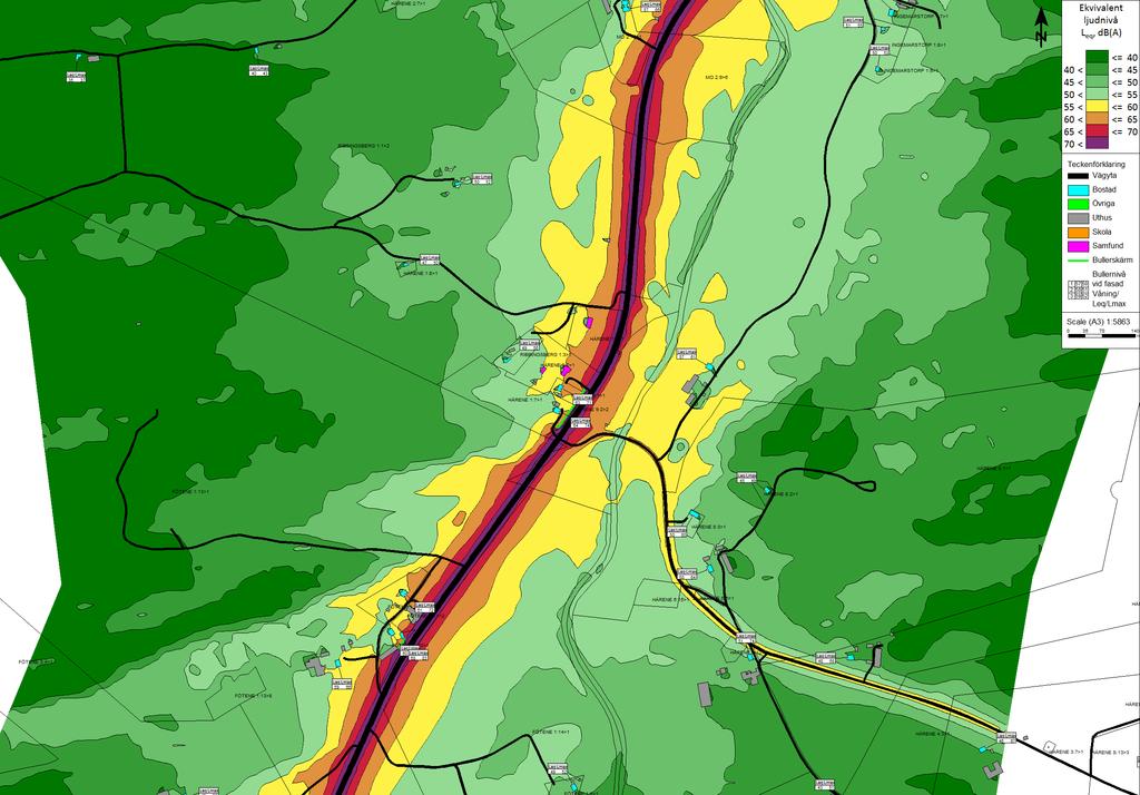 Trafikbullerberäkning, ÅDT 2014 Befintlig vägsträckning, Nuläge: karta 4:6 Ekvivalent ljudnivå: Leq,24h dba, (ej frifältsvärde)