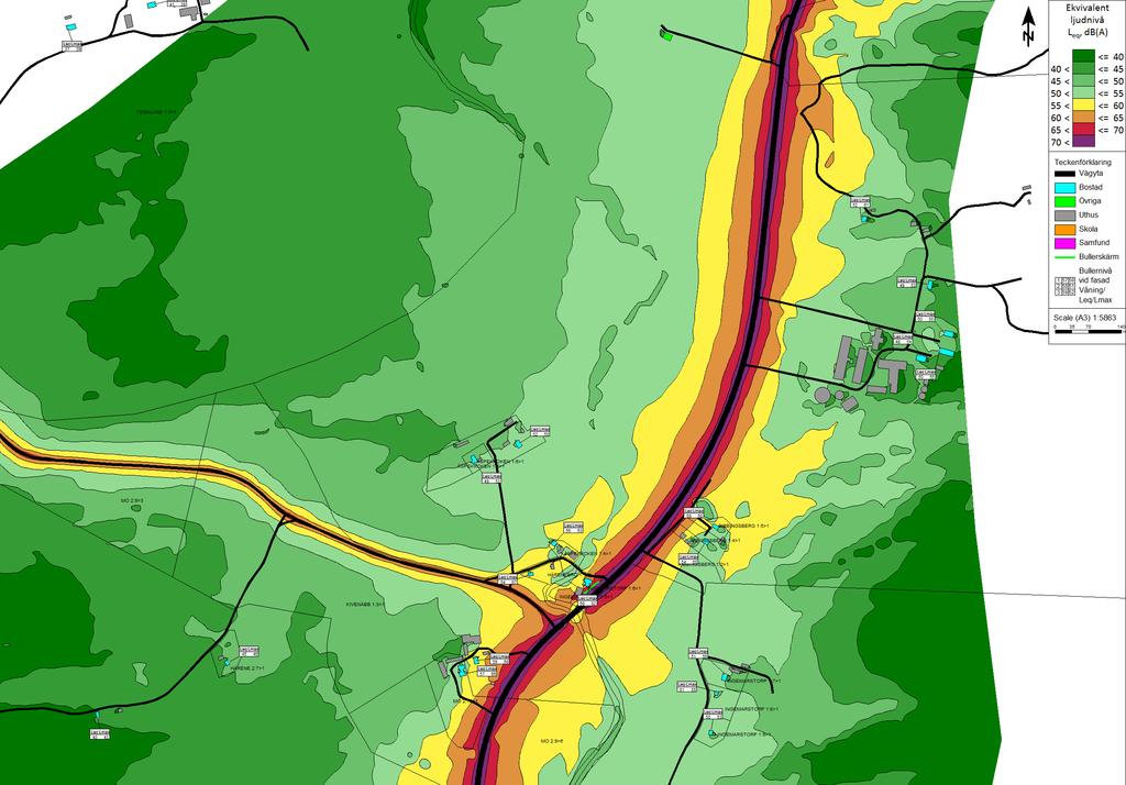 Trafikbullerberäkning, ÅDT 2014 Befintlig vägsträckning, Nuläge: karta 5:6 Ekvivalent ljudnivå: Leq,24h dba, (ej frifältsvärde)