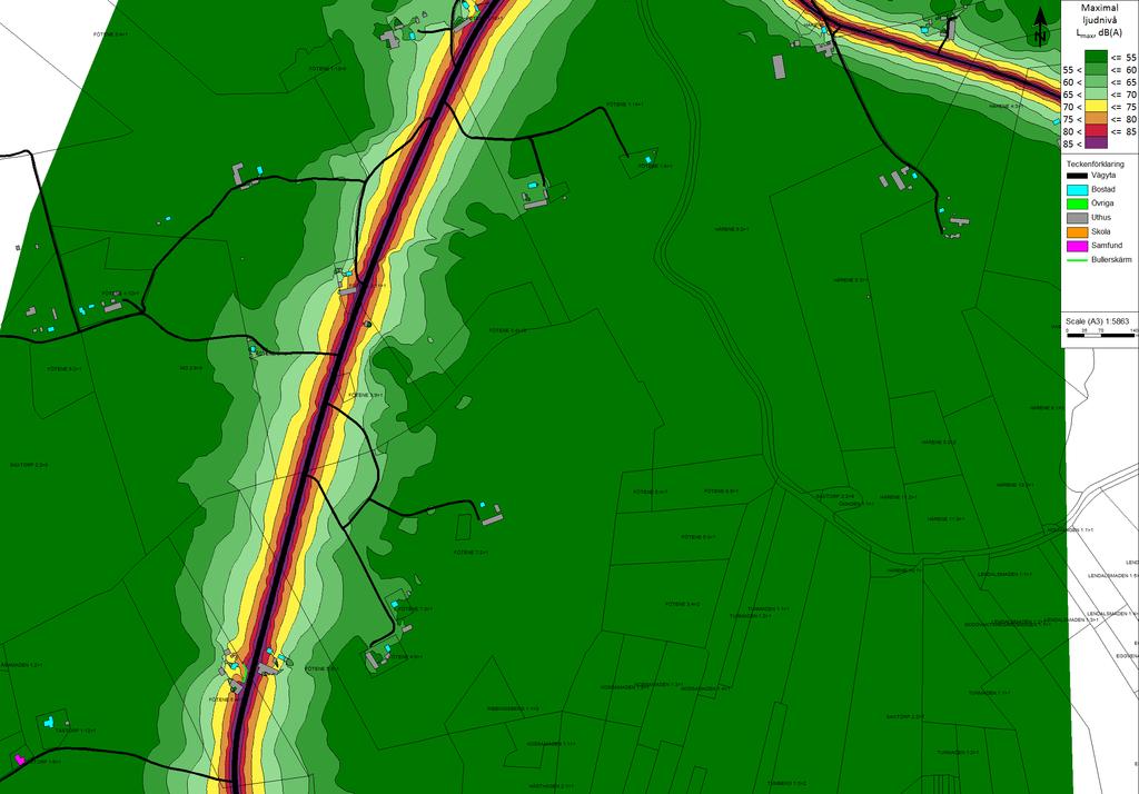 Trafikbullerberäkning, ÅDT 2014 Befintlig vägsträckning, Nuläge: karta 3:6 Maximal ljudnivå: Lmax dba, (ej