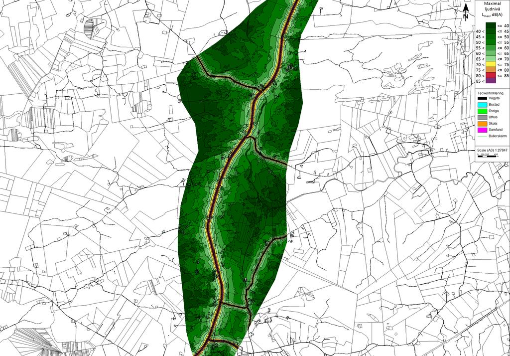 Trafikbullerberäkning, ÅDT 2045 Befintlig vägsträckning, 0-alternativ: Översikt Maximal ljudnivå: Lmax dba, (ej