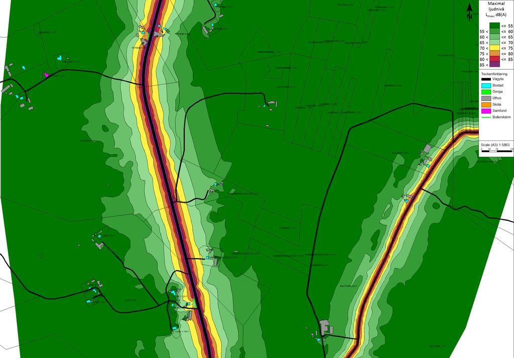 Trafikbullerberäkning, ÅDT 2045 Befintlig vägsträckning, 0-alternativ: karta 2:6 Maximal ljudnivå: Lmax dba, (ej