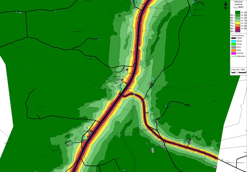 Trafikbullerberäkning, ÅDT 2045 Befintlig vägsträckning, 0-alternativ: karta 4:6 Maximal ljudnivå: Lmax dba, (ej