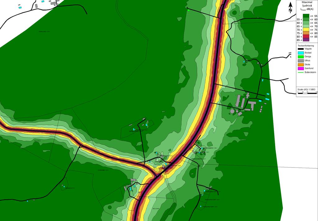 Trafikbullerberäkning, ÅDT 2045 Befintlig vägsträckning, 0-alternativ: karta 5:6 Maximal ljudnivå: Lmax dba, (ej
