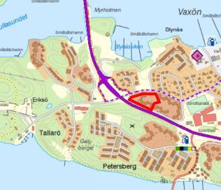 Figur 5. Stockholmsvägen (väg 274) och Eriksövägen är markerade med lila heldragen linje respektive lila-streckad linje.