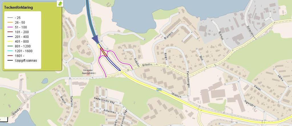 Figur 22. Utdrag från NVDB (Trafikverket, 2017). Tung trafik (ÅDT) förbi aktuellt område är inom spannet 401-800 fordon per dygn och för den markerade sträckan är ÅDT tung trafik 725 fordon per dygn.