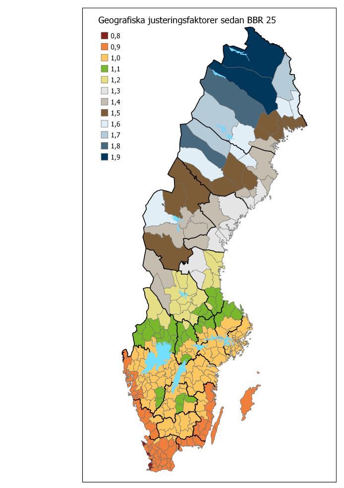 16 Konsekvensutredning BFS 2018:xx Figur 1: Gällande geografiska justeringsfaktorer Översikt Gällande krav på genomsnittlig värmegenomgångskoefficient BBR ställer också krav på lägsta godtagbara