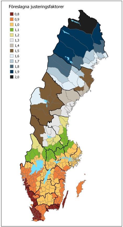 70 Konsekvensutredning BFS 2018:xx geografiska justeringsfaktor. I förslaget bildas ett sammanhängande område längs Västkusten upp till göteborgsområdet samt Blekinge och Öland, se figur 11.