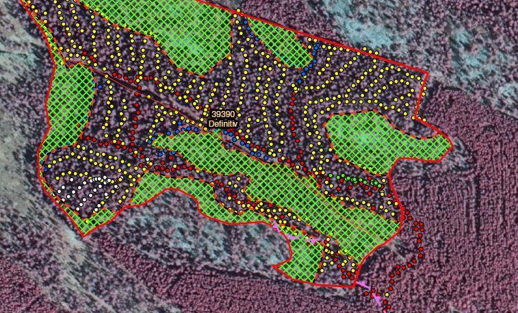 Maskinernas GPS-loggning Gul Körstråk Blå Spökslag Grön Grothögar Vit Backstråk Röd basväg huvudbasstråk, Loggningen sker på samma sätt inom hela SCA.