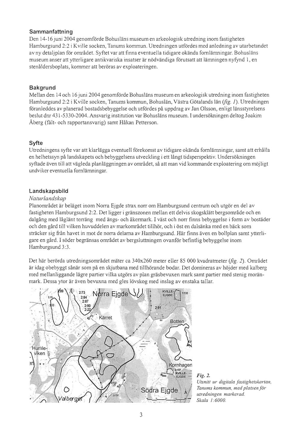 Sammanfattning Den 14-16 Juni 2004 genomförde Bohusläns museum en arkeologisk utredning inom fastigheten Hamburgsund 2:2 i Kville socken, Tanums kommun.