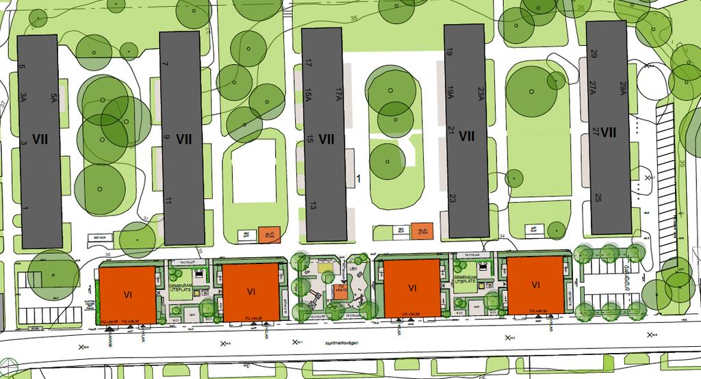 Sida 16 (44) Planförslag Detaljplanen omfattar dels cirka 90 lägenheter i fyra punkthus av Stockholmshusmodell och dels ett parkeringshus med byggrätt för fyra våningar.