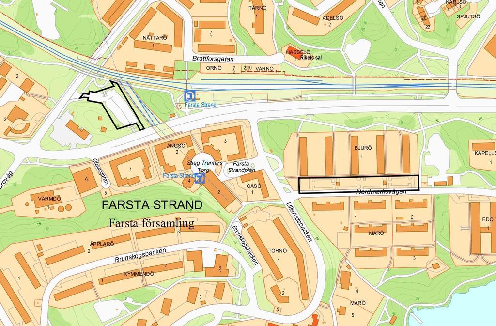 Sida 6 (44) Karta med planområdet markerat med svart linje Tidigare ställningstaganden Översiktsplan Stockholms stads översiktsplan har pekat ut Farsta som en av flera tyngdpunkter där täta och