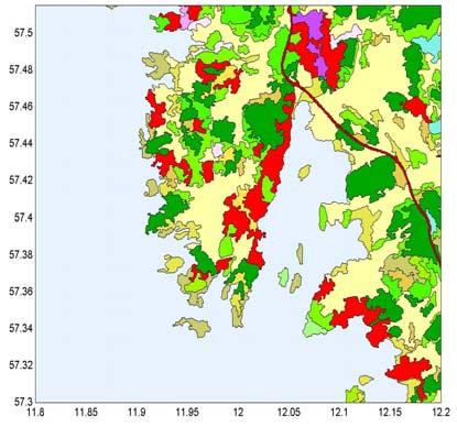 Figur 42. Karta över Råö med omnejd. Ljusblå färg är hav, gulvit färg åker och grön färg skog. Figur 43. Differensen av PM 10 -halten i Borås och Råö som funktion av vindriktning Figur 44.