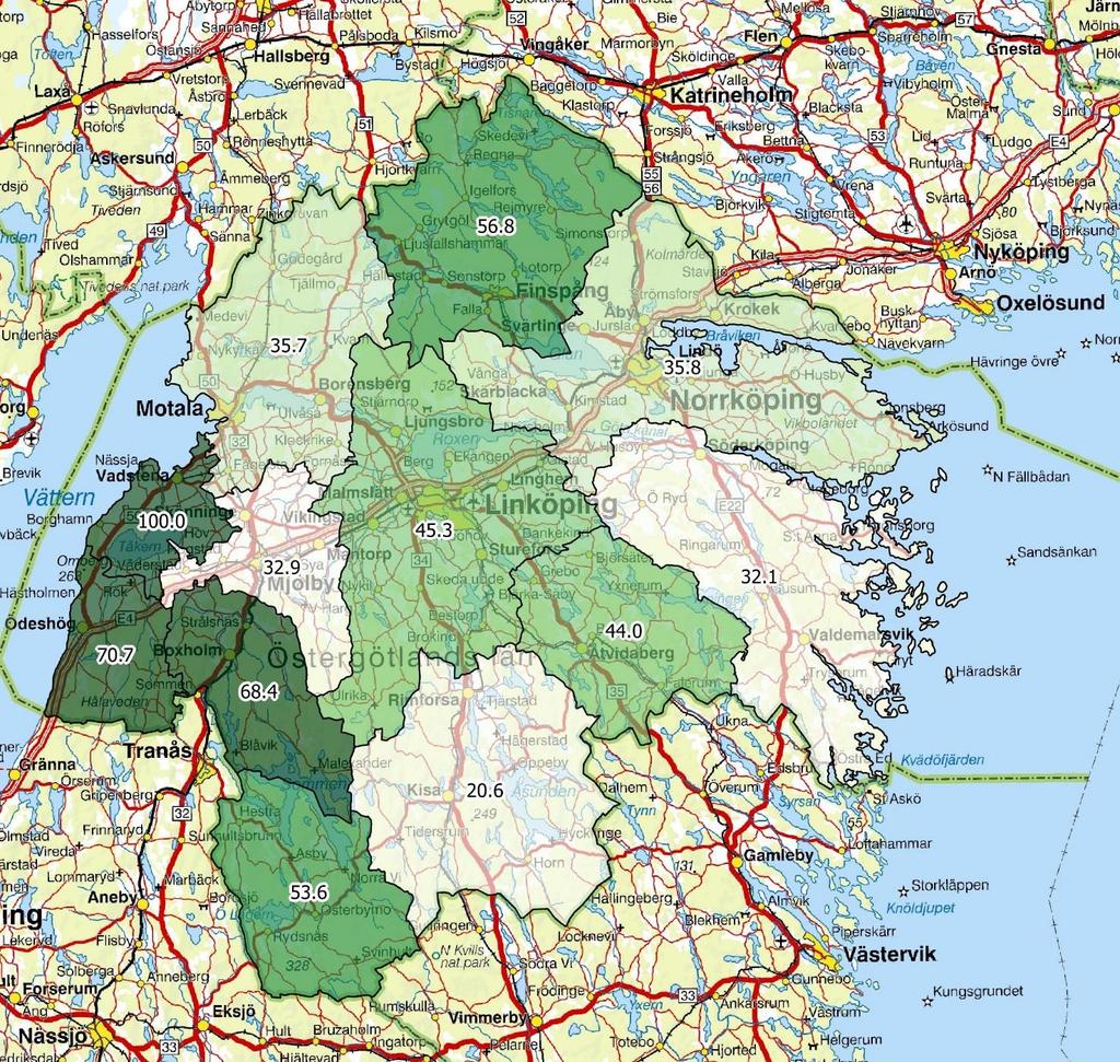 Östergötlands län 2017/ 2018 Täckningsgraden för jaktvårdskretsarna Östergötlands län varierar mellan 22-100 % och täckningsgraden för hela länet ligger på 43 %.