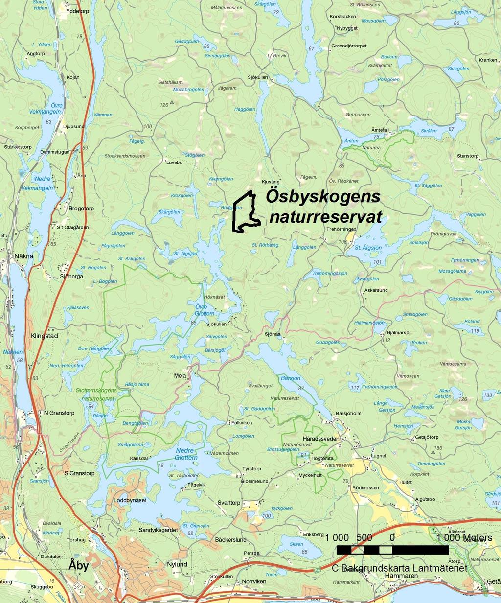 Se reservatsbeslutet samt i detta dokument, del B, Plandel. Karta 1. Översiktskarta. Naturreservatet ligger cirka 7 km nordost om Åby i Norrköpings kommun. bakgrundskarta Lantmäteriet. 3.