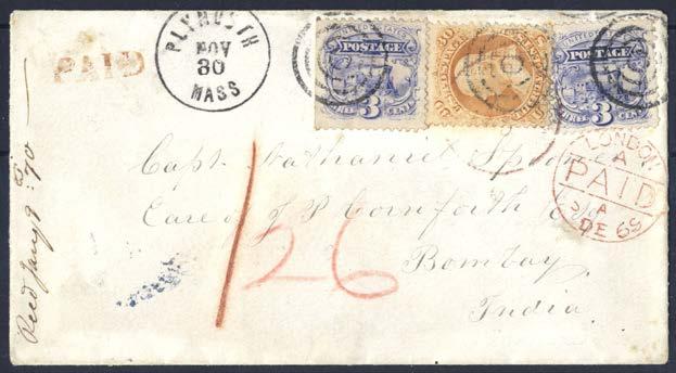 519 519 3 cent Locomotive (Sc.114/Mi.28) x2 tillsammans med 30 cent Franklin (Sc.100/Mi.24W) på vackert brev avstämplat PLYMOUTH NOV 30 MASS och sänt till Bombay, Indien.