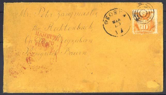 538 538 10 cent Shield & Eagle (Sc.116/Mi.30) singel på gult brevkuvert avstämplat PEOSTA MAR 13 och sänt till Bayern, Tyskland.