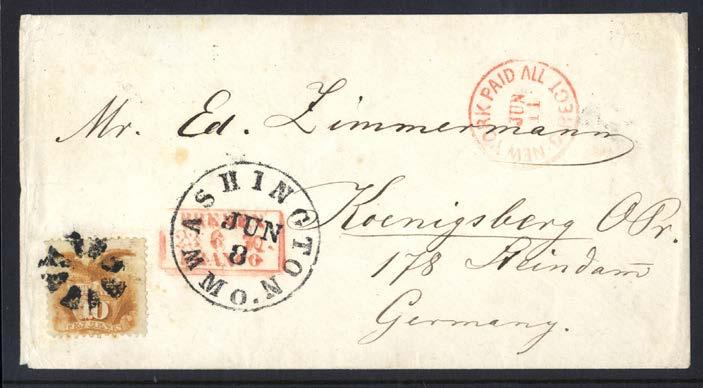 1000 539 539 10 cent Shield & Eagle (Sc.116/Mi.30) singel på vackert brevkuvert avstämplat WASHINGTON MO. JUN 8 sänt till Tyskland.