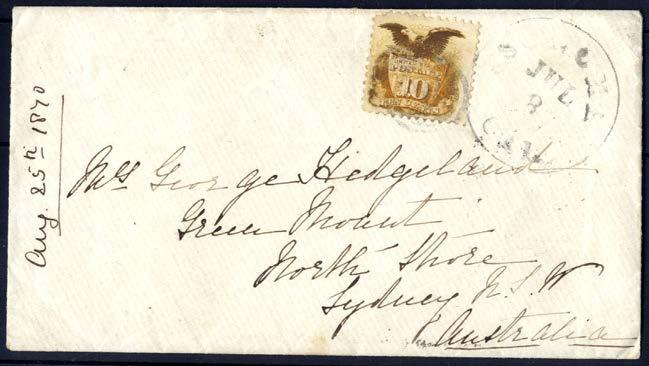 542 542 10 cent Shield & Eagle (Sc.116/Mi.30) singel på litet brevkuvert. Avstämplat (svagt) SONOMA JUL 8 CAL och sänt till Australien.