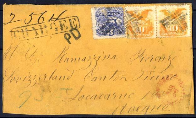 544 544 10 cent Shield & Eagle (Sc.116/Mi.30) singel på litet brevkuvert avstämplat med korkstämpel från okänd ort i USA, adresserad till Corgemont, Schweiz.