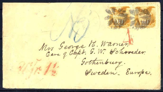 546 546 10 cent Shield & Eagle (Sc.116/Mi.30) i vågrätt par på litet brevkuvert till Sverige. Avstämplat med två figurkorkstämplar från okänd ort (suddig stämpel).