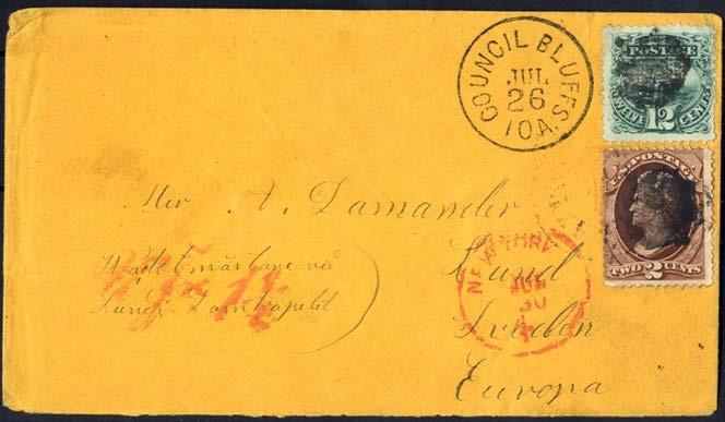 554 554 12 cent Steamship (Sc.117/Mi.31) som högsta valör tillsammans med 2 cent Jackson (Sc.73/Mi.17) på gult brevkuvert avstämplat COUNCIL BLUFFS JUL 26 IOA till Lund, Sverige.