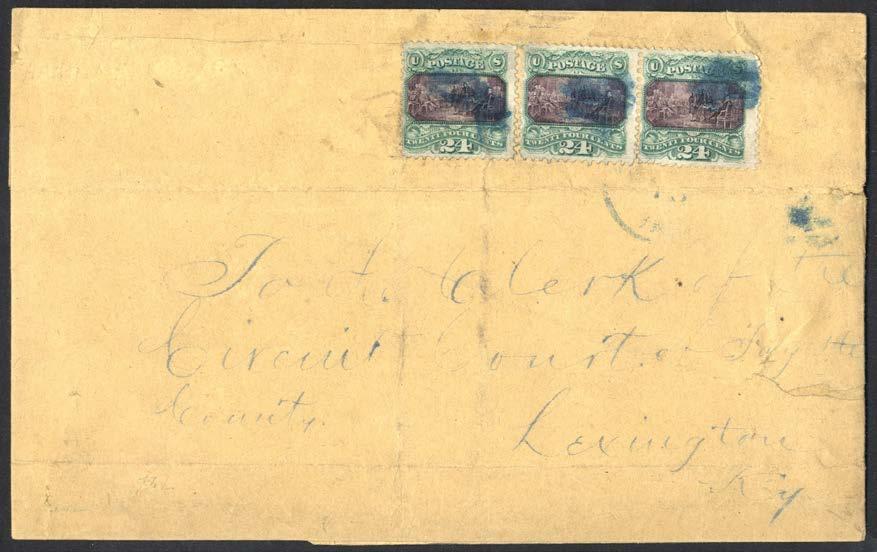 566 566 24 cent Declaration of Independance (Sc.120/Mi.33) x3 med ett vågrätt par och ett singelmärke på ett paketomslag avstämplat med svag blå stämpel (troligen) Richmond, Indiana.
