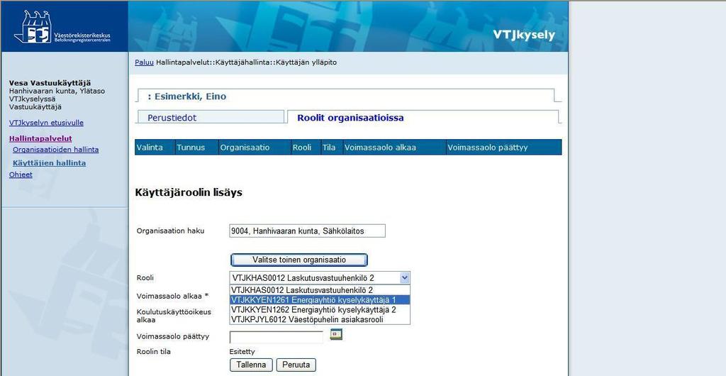 ANVÄNDARANVISNING 17 (32) 1. L i s ä ä r o o n 1??? 2 1. Lägg till begynnelsedagen för rollens giltighet. Ikonen bredvid datumet öppnar en kalender där du kan välja datum genom att klicka.