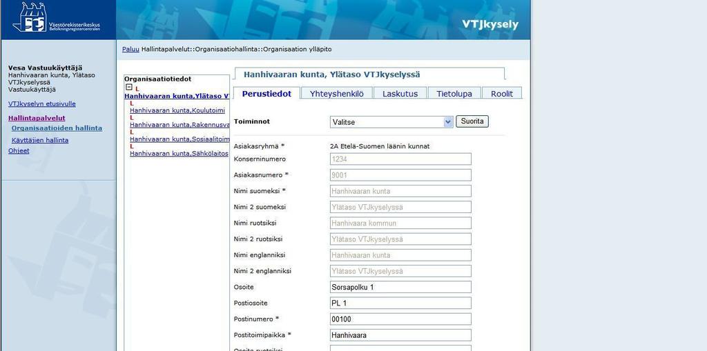 ANVÄNDARANVISNING 24 (32) Högre organisationsnivå. Rollen för hela organisationens ansvarige användare har förlagts till denna Underorganisation er.