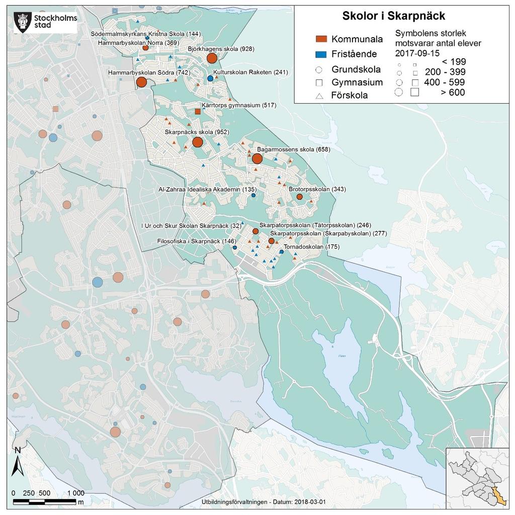 Sid 40 (62) Skarpnäck Nuläge Befolkningsantal 6-15 år 2017 5 248 Elevantal F-9 2017 5 394 Varav: går i skolan i SDO 4 204 i kommunal skola 4 515 går i skolan i ett annat SDO 1 044 i fristående skola