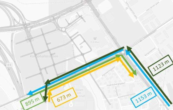 Figur 74 Kollektivtrafikstråk mellan resecentrum och södra Uddevallavägen.