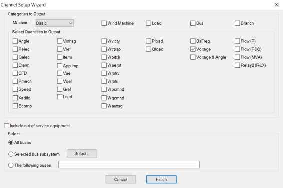 4 Channel setup wizard, används för att designera värden för utskrift under simulering för systemets knutpunkter. Källa: PSS/E.