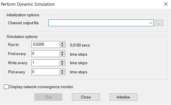 Figur 3.5 Perform Dynamic Simulation, används för utföra simulering och för att skapa en fil för utskriftsvärdena från simuleringen. Källa: PSS/E.