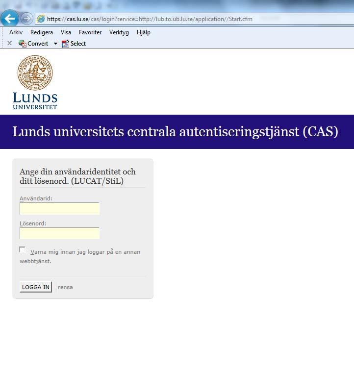 När du klickar på Lubito länken för första gången i sessionen får du CAS inloggningsrutan.