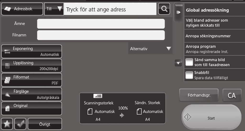 SCAN Grundläggande funktioner (scanna till e-post) 1 Lägg i originalet 2 Scanningsinställningar 3 Förhandsgranska 4 Ange destinationen 5 Start 1 Scanningsinställningar 2 Visar